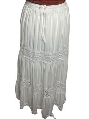White Maxi Skirt with Lace Trim - Lightweight Tiered Design